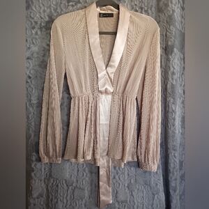 New York & Company Light Blush Pleated Satin-Trim Blouse